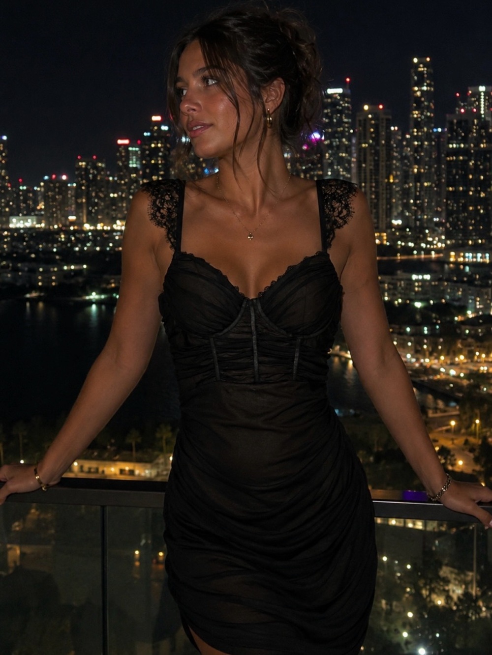 Black Lace Strap Ruched Women’s Dress